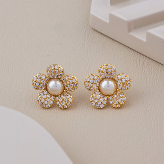 Gold Floral Pearl Earrings with Diamond-Studded Petals