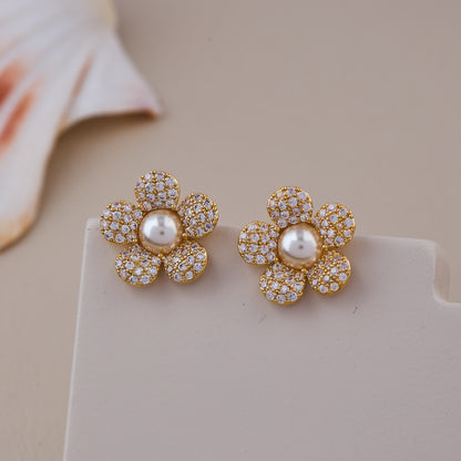 Gold Floral Pearl Earrings with Diamond-Studded Petals
