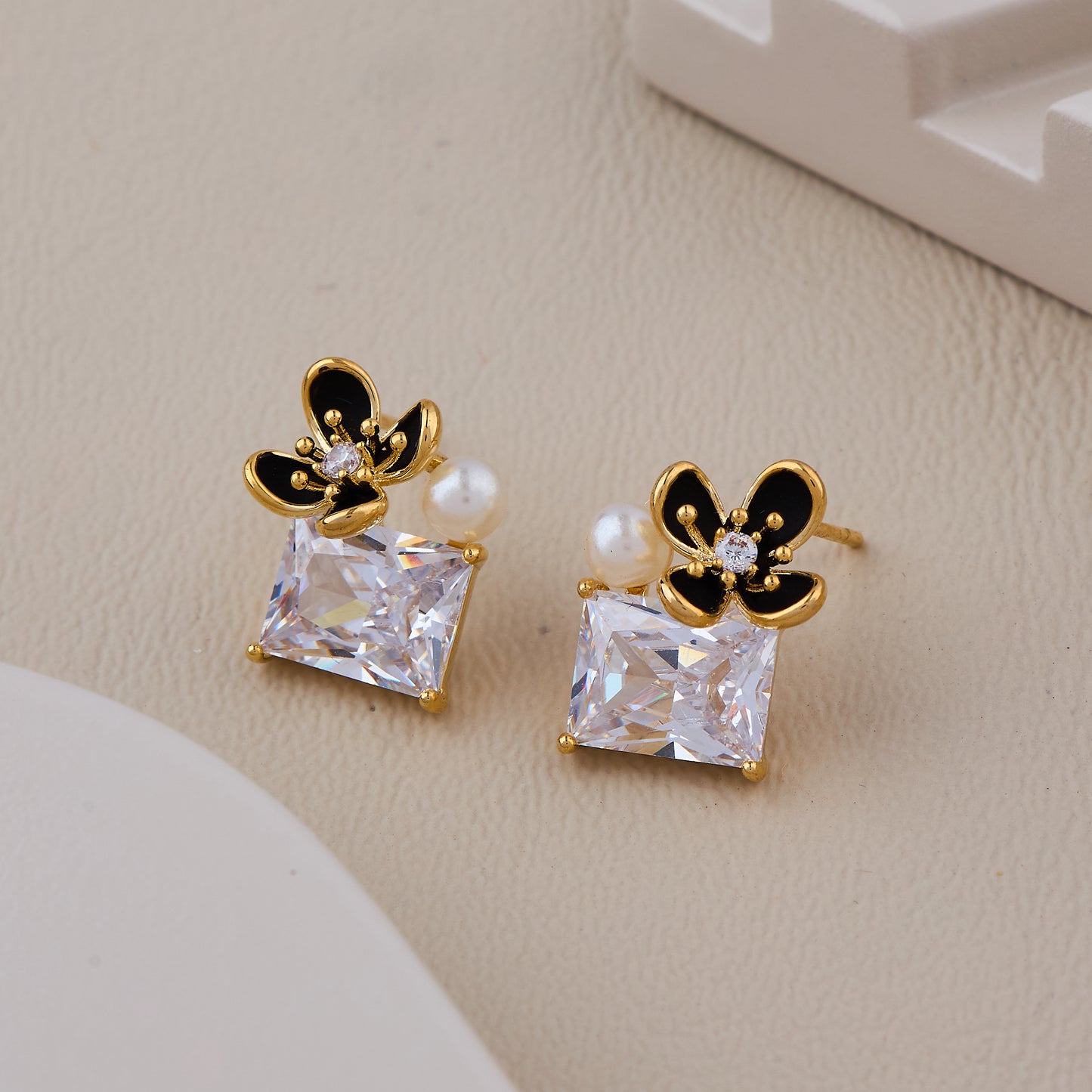 Gold Butterfly Design Earrings with Pearl and Rectangular Crystal