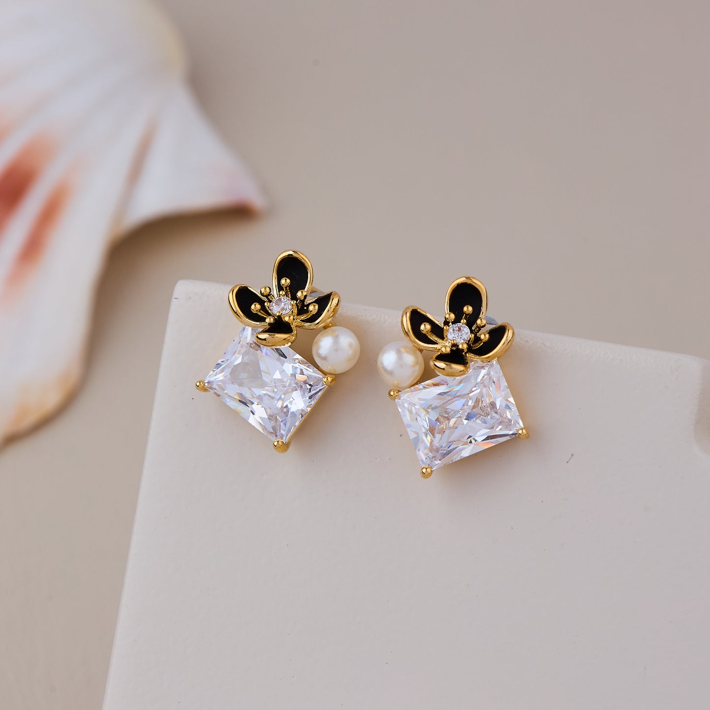 Gold Butterfly Design Earrings with Pearl and Rectangular Crystal