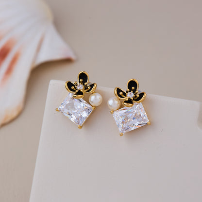 Gold Butterfly Design Earrings with Pearl and Rectangular Crystal