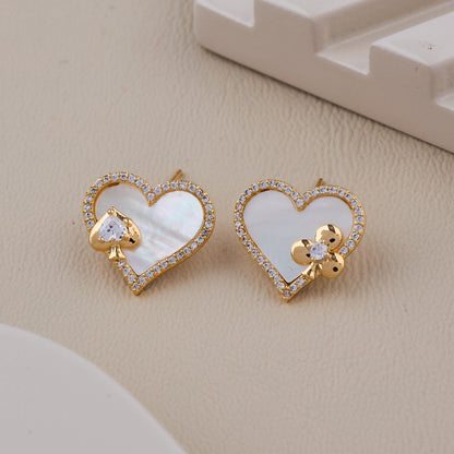 Gold Heart-Shaped Earrings with Mother of Pearl Inlay