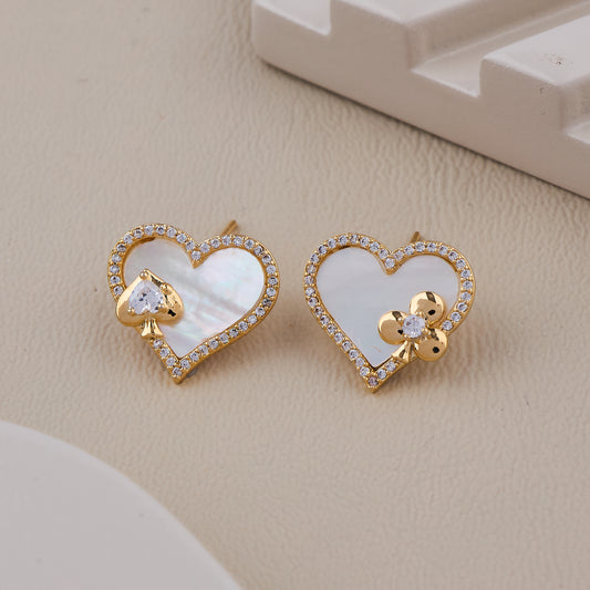 Gold Heart-Shaped Earrings with Mother of Pearl Inlay