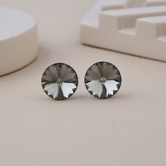 Round Faceted Black Crystal Stud Earrings with Mirror-Finish Detailing