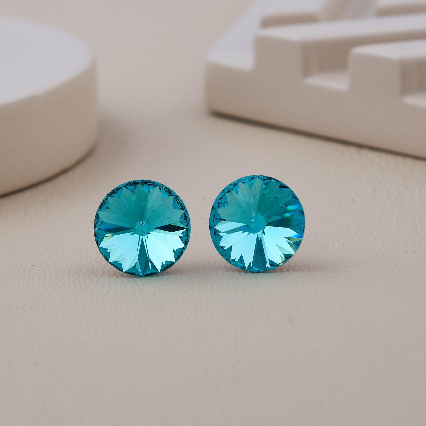 Round Faceted Aqua Blue Crystal Stud Earrings with Radiant Shine