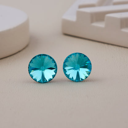 Round Faceted Aqua Blue Crystal Stud Earrings with Radiant Shine