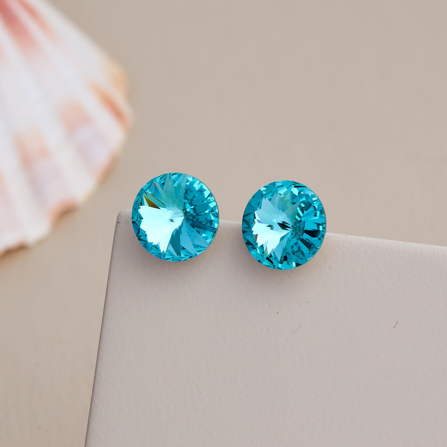 Round Faceted Aqua Blue Crystal Stud Earrings with Radiant Shine