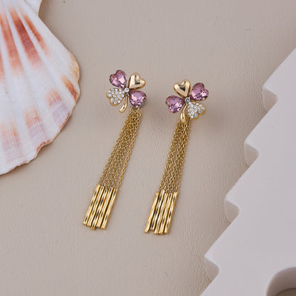 Gold Heart and Pink Crystal Clover Earrings with Dangling Multi-Chain Tassels