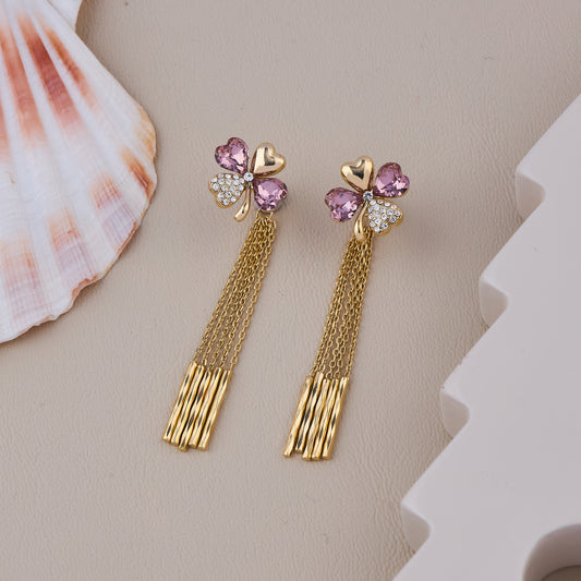 Gold Heart and Pink Crystal Clover Earrings with Dangling Multi-Chain Tassels