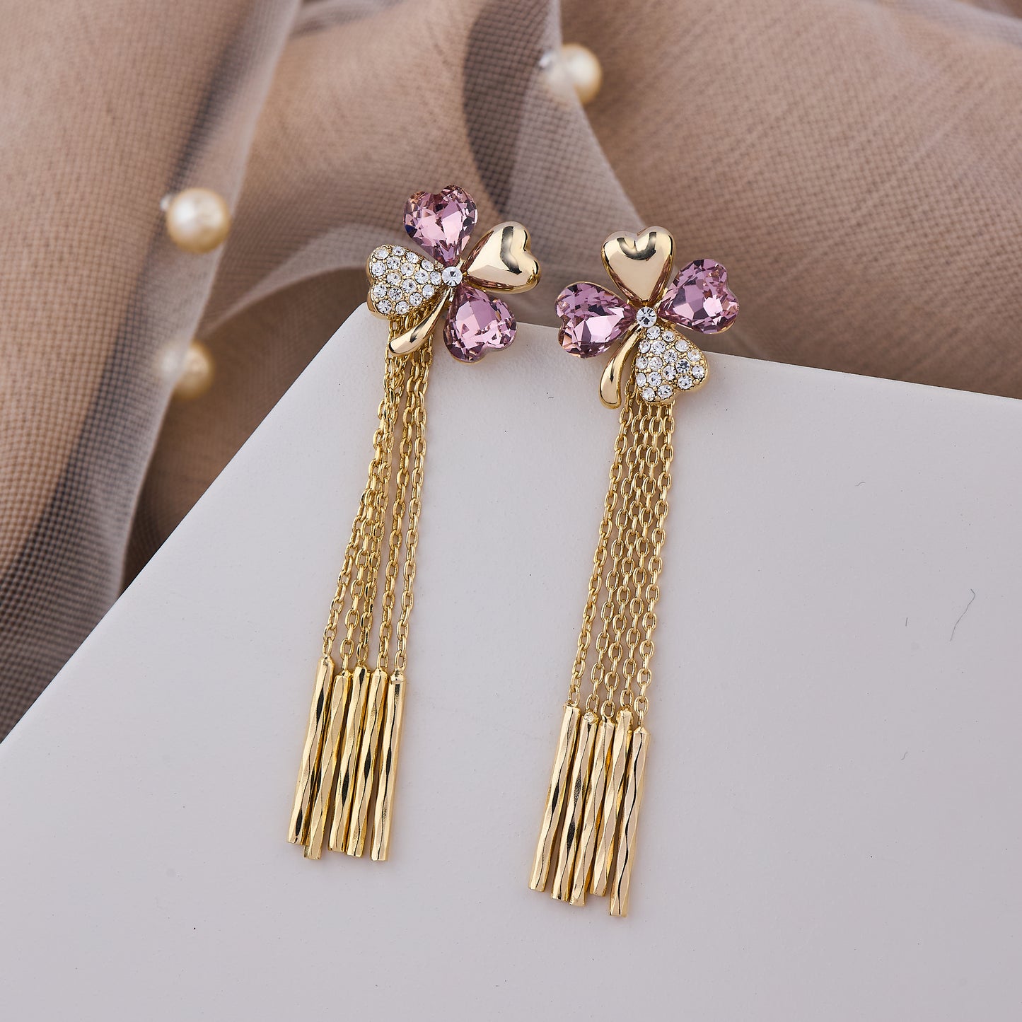 Gold Heart and Pink Crystal Clover Earrings with Dangling Multi-Chain Tassels