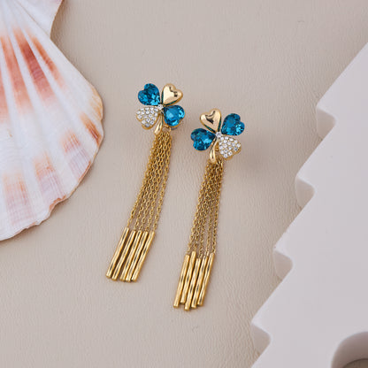 Gold Heart and Blue Crystal Clover Earrings with Dangling Multi-Chain Tassels