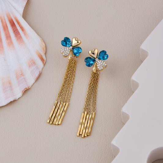 Gold Heart and Blue Crystal Clover Earrings with Dangling Multi-Chain Tassels