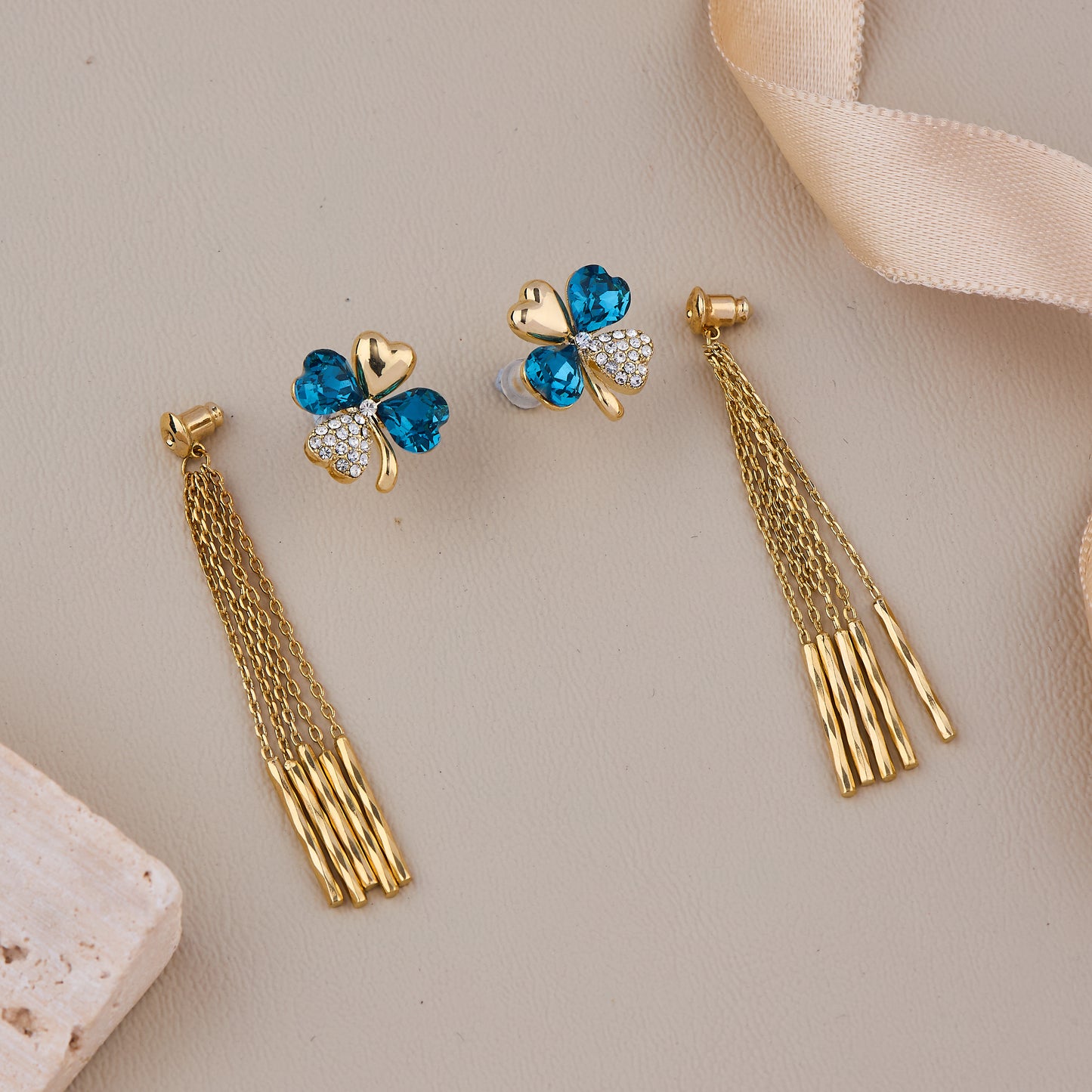 Gold Heart and Blue Crystal Clover Earrings with Dangling Multi-Chain Tassels