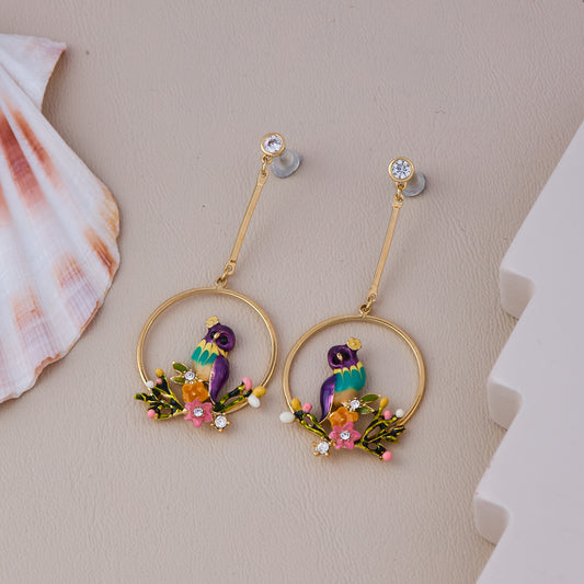 Gold Hoop Earrings with Colorful Parrot and Floral Design