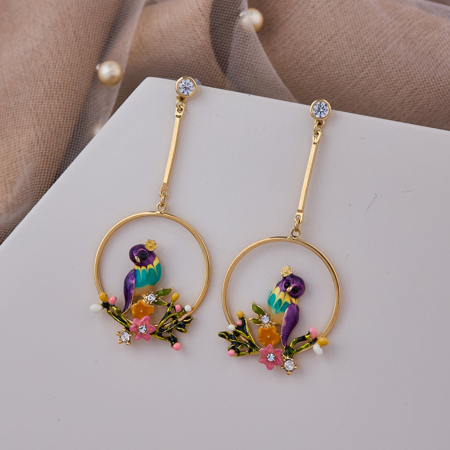 Gold Hoop Earrings with Colorful Parrot and Floral Design