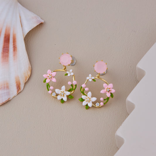 Gold Floral Hoop Earrings with Pink and White Flowers
