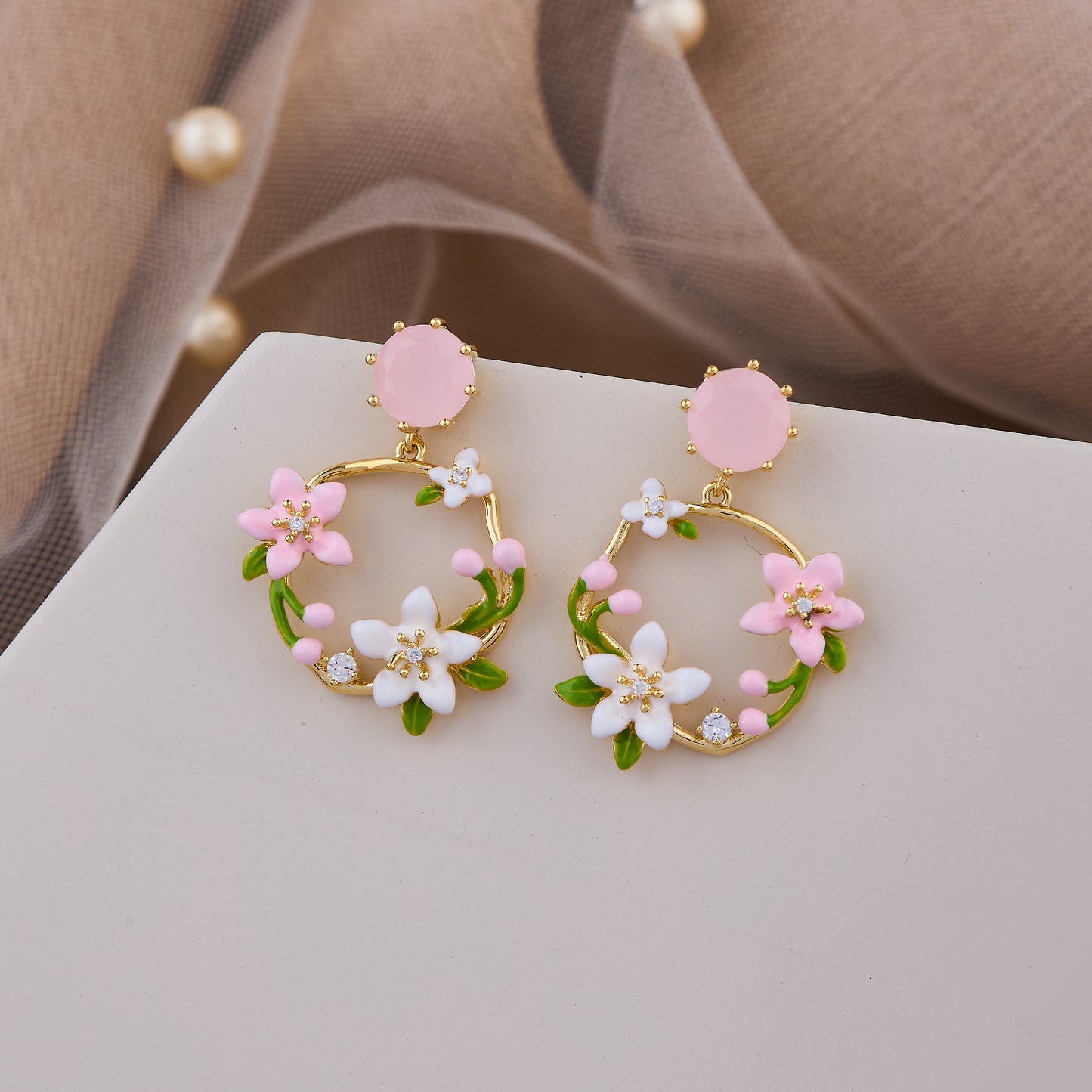 Gold Floral Hoop Earrings with Pink and White Flowers