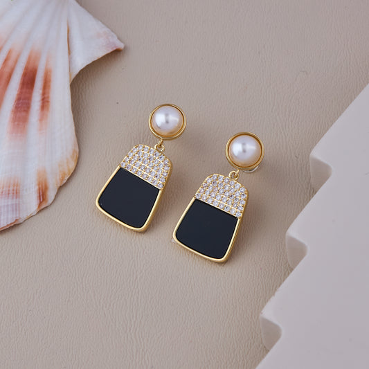 Gold Drop Earrings with Pearl Stud, Black Enamel Rectangle, and Crystal Pavé Accent