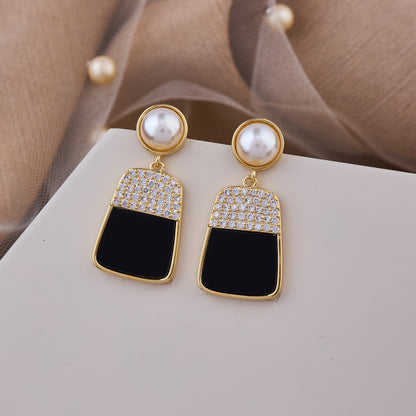 Gold Drop Earrings with Pearl Stud, Black Enamel Rectangle, and Crystal Pavé Accent