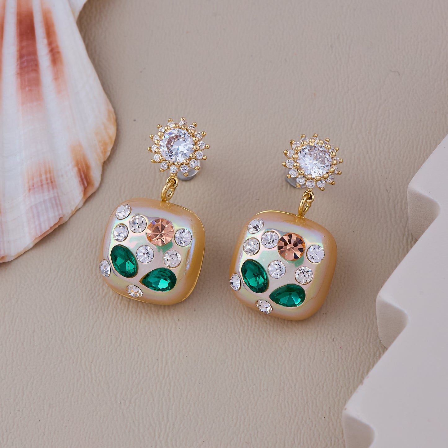 Gold square drops with emerald & crystal accents