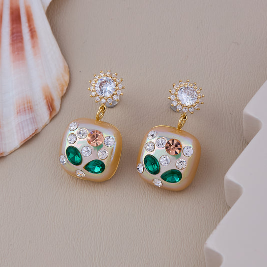 Gold square drops with emerald & crystal accents