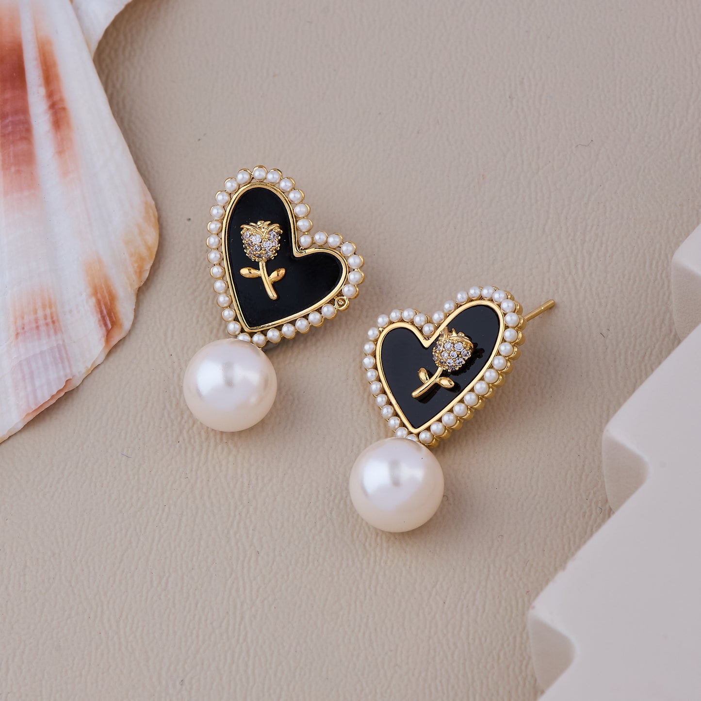 Black heart studs with pearl drops