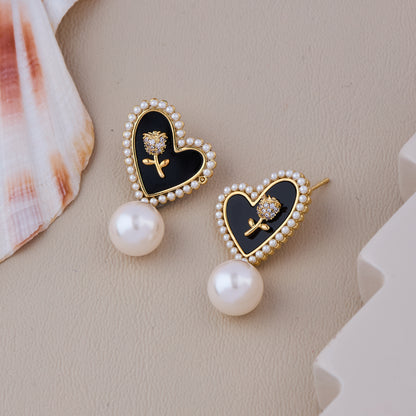 Black heart studs with pearl drops