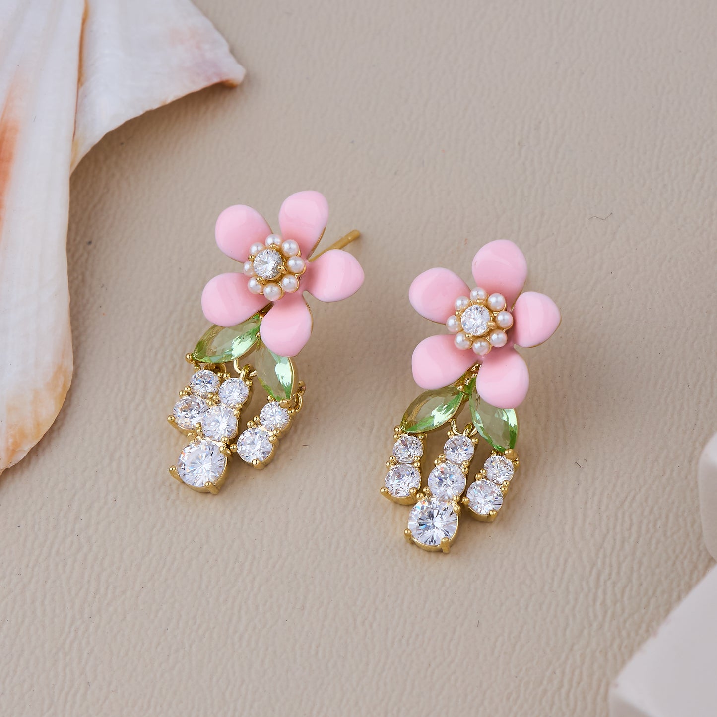 Pink floral studs with crystal drops