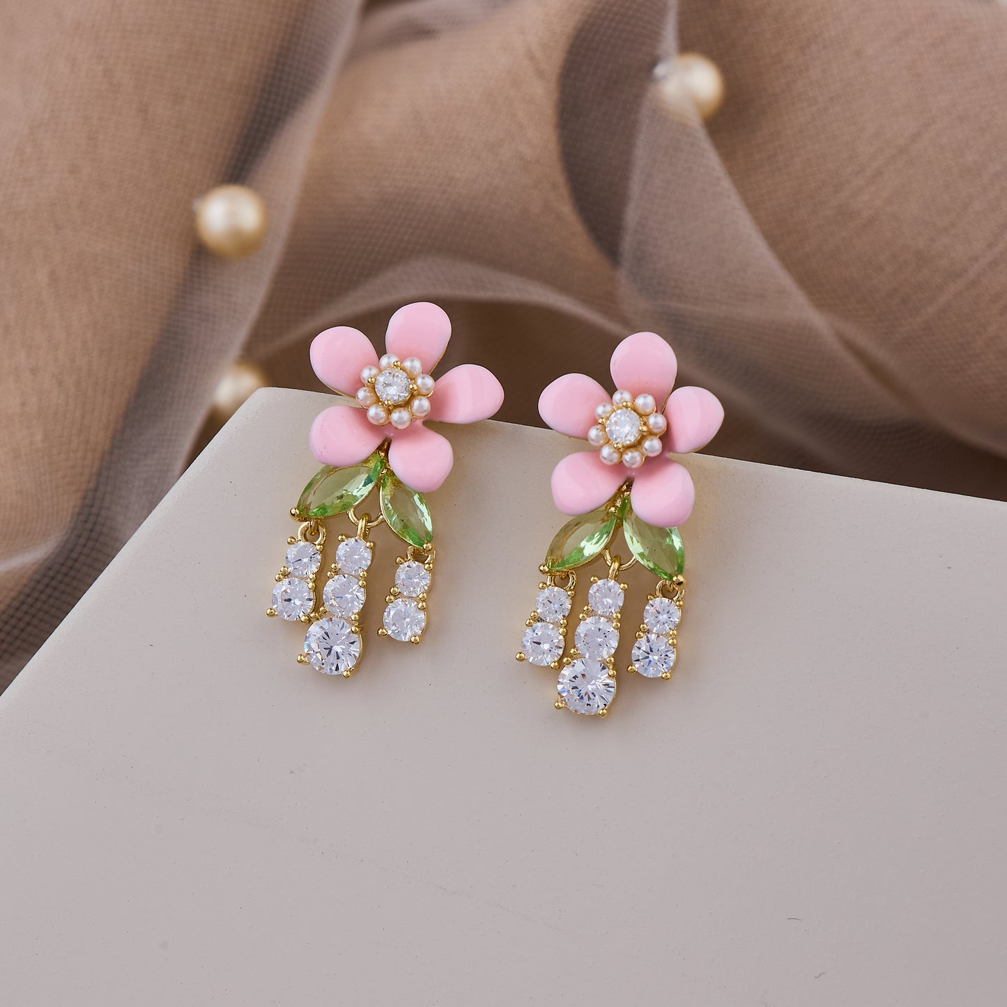 Pink floral studs with crystal drops