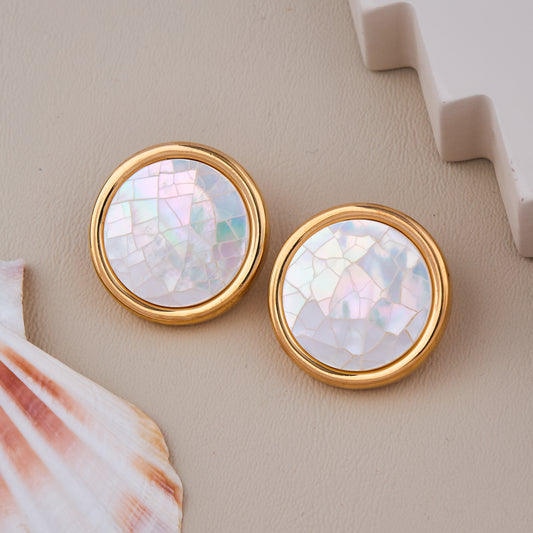 Golden round studs with mosaic mother-of-pearl inlay