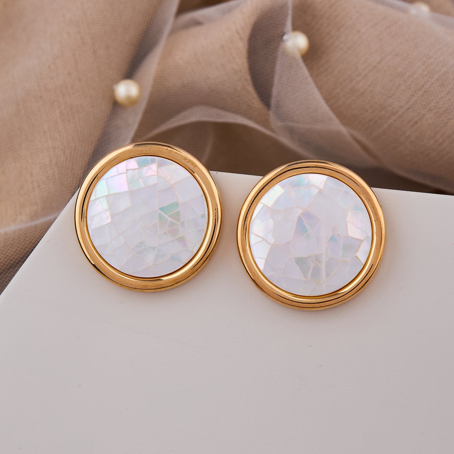 Golden round studs with mosaic mother-of-pearl inlay