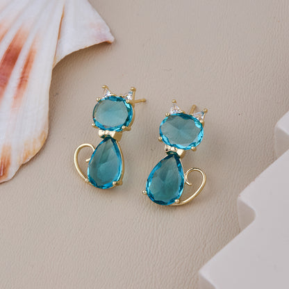 Cute blue gemstone cat-shaped earrings