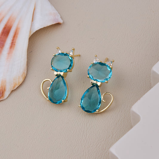 Cute blue gemstone cat-shaped earrings