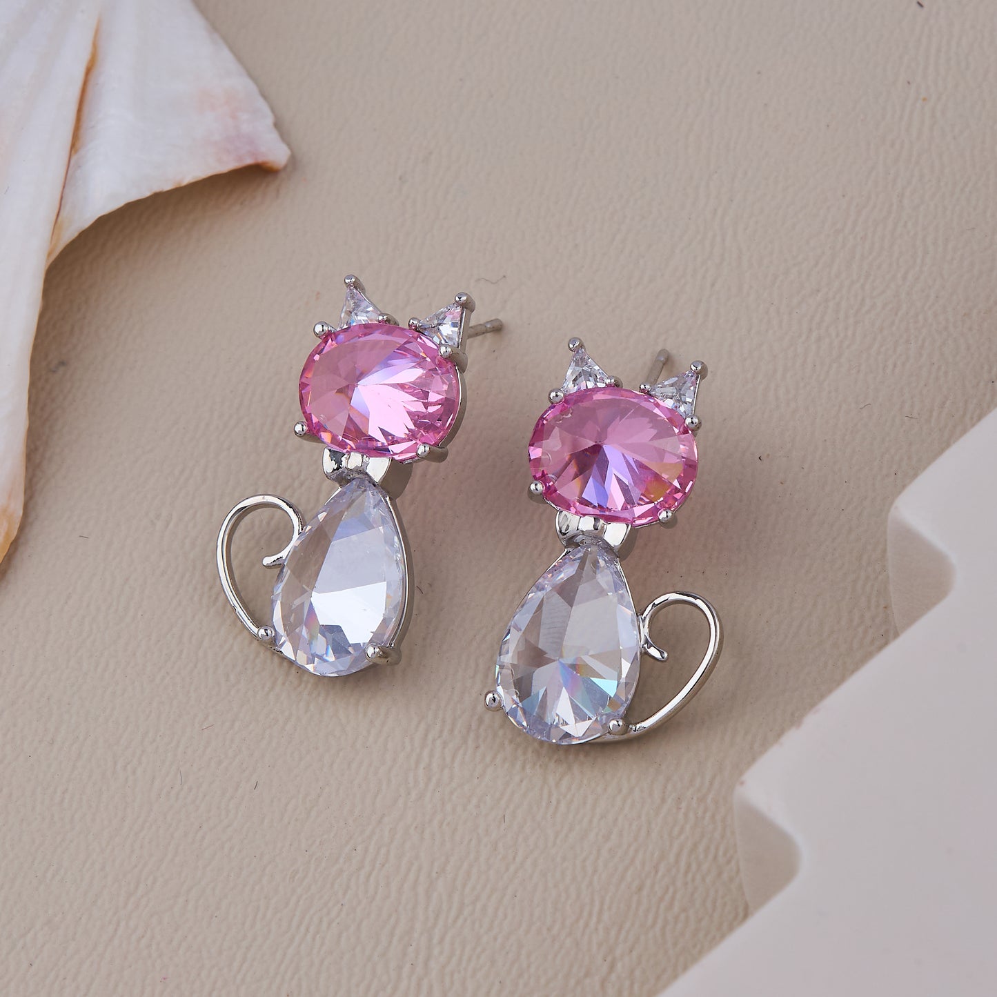 Adorable pink and white crystal cat earrings