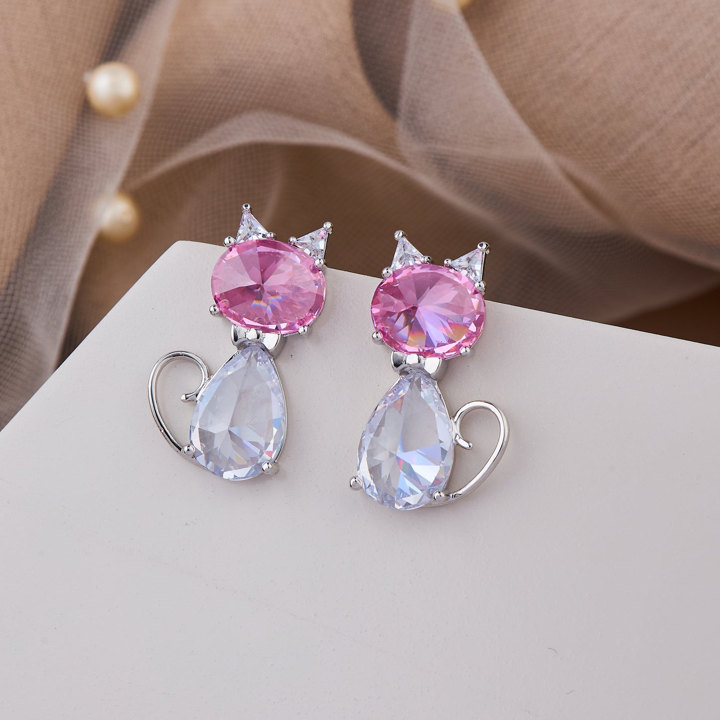 Adorable pink and white crystal cat earrings