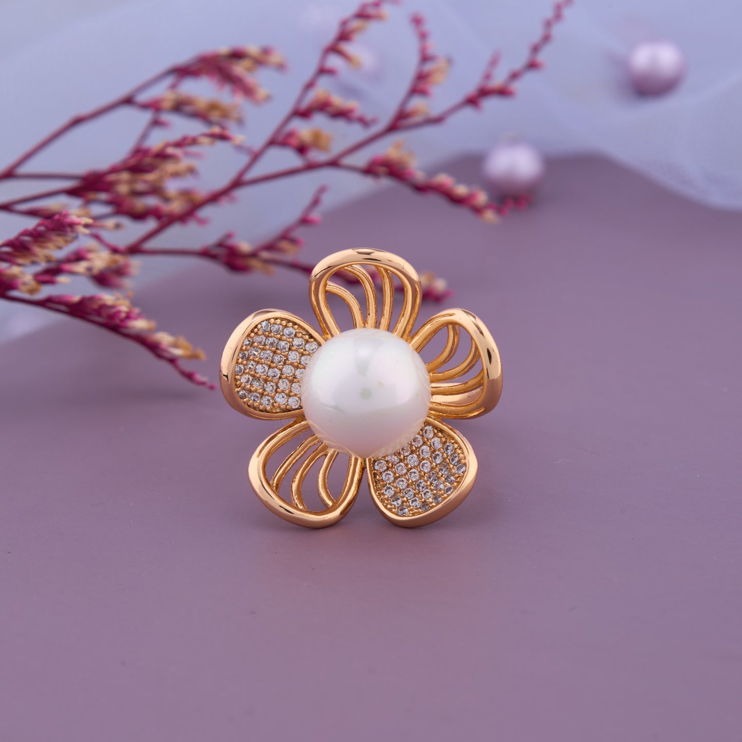 Golden Blossom Pearl Ring