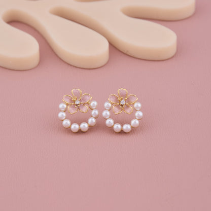 Blossom Pearl Hoop Earrings with Pink Floral Accent