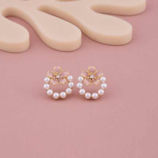 Blossom Pearl Hoop Earrings with Pink Floral Accent