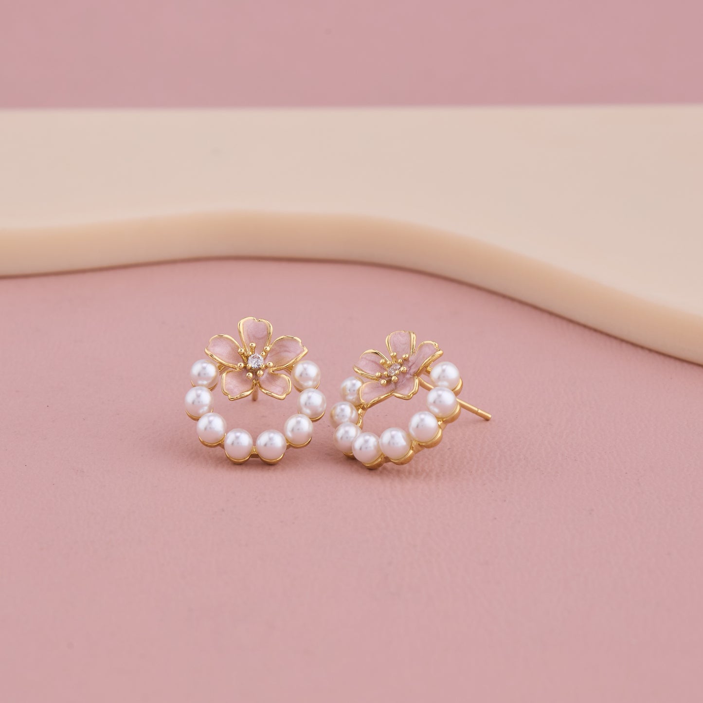 Blossom Pearl Hoop Earrings with Pink Floral Accent