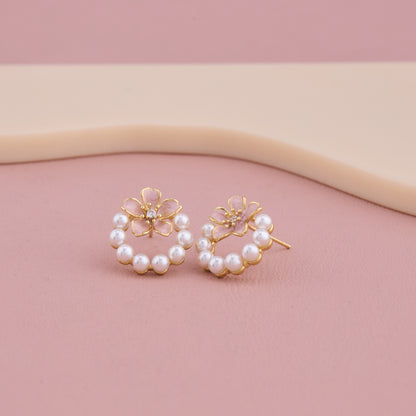 Blossom Pearl Hoop Earrings with Pink Floral Accent