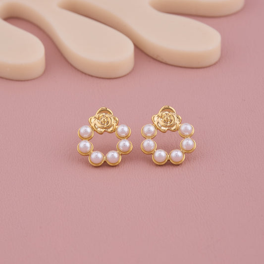 Golden Rose Pearl Hoop Earrings