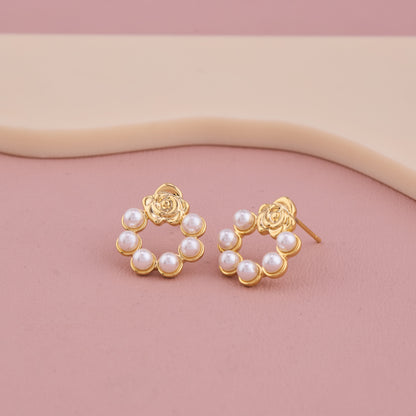 Golden Rose Pearl Hoop Earrings