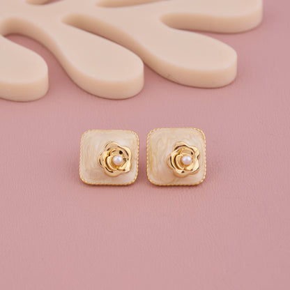 vory Enamel Rose Stud Earrings with Pearl Center