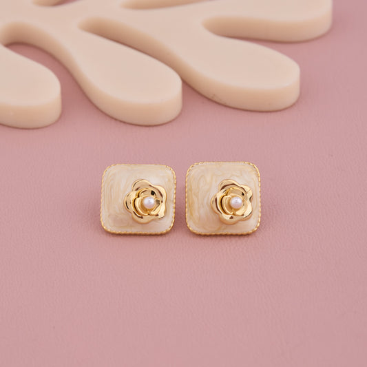 vory Enamel Rose Stud Earrings with Pearl Center