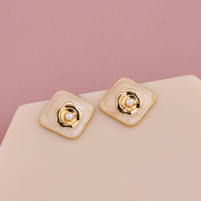 vory Enamel Rose Stud Earrings with Pearl Center
