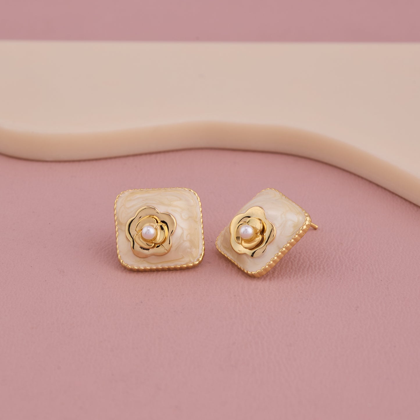 vory Enamel Rose Stud Earrings with Pearl Center