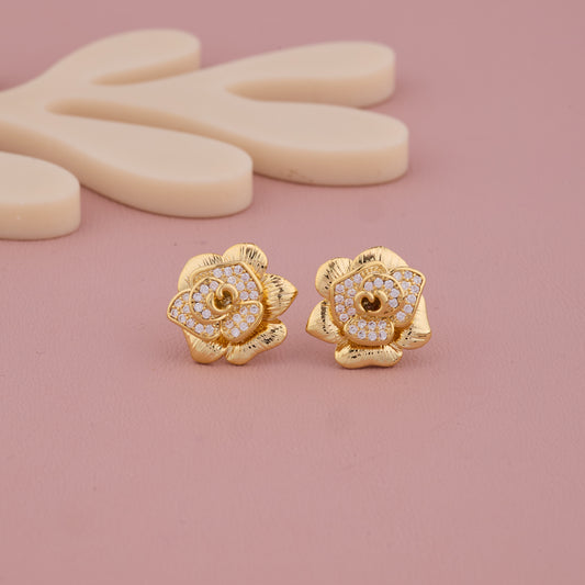 Golden Rose Bloom Earrings with Sparkling Stone Accents