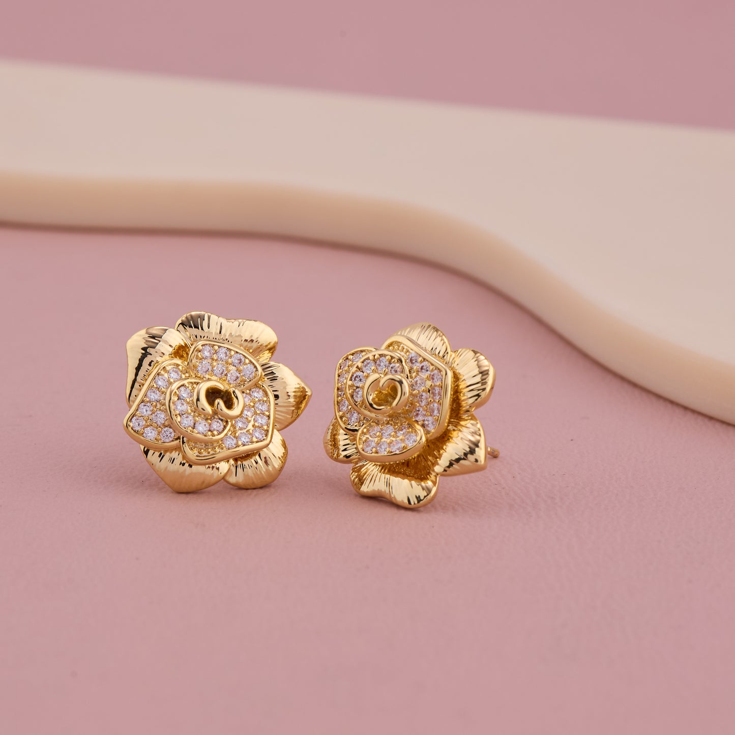 Golden Rose Bloom Earrings with Sparkling Stone Accents