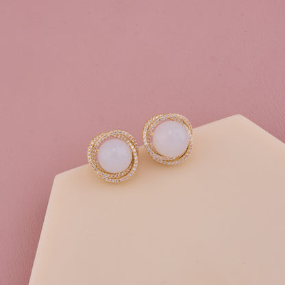 Elegant Pearl Stud Earrings with Double Halo of Sparkling Stones