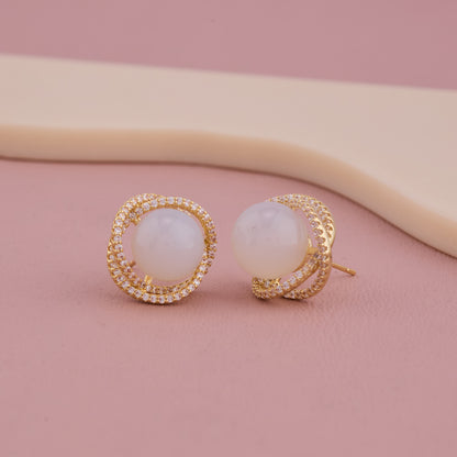 Elegant Pearl Stud Earrings with Double Halo of Sparkling Stones